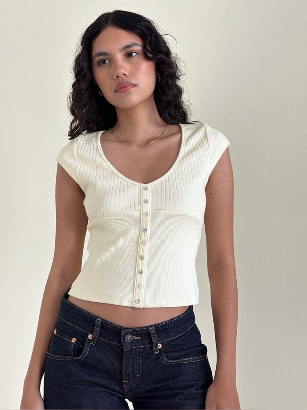 Motel Rocks Cream Ribbed Button Front Knit Top - Picture 1 of 7